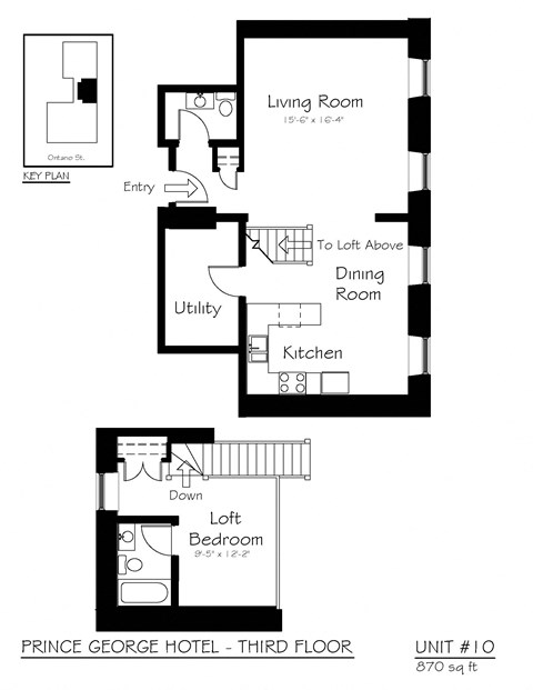 Floor plan for 1 bed, 2 baths, 870 sqft